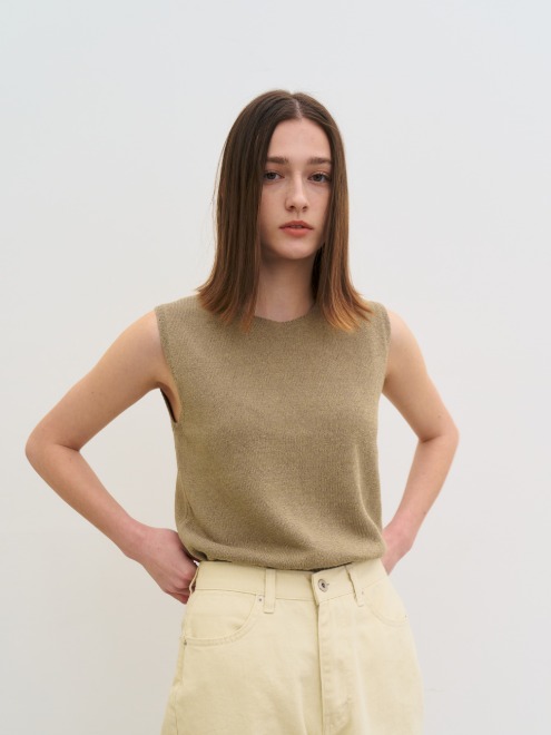 Paper sleeveless knit top (Khaki)